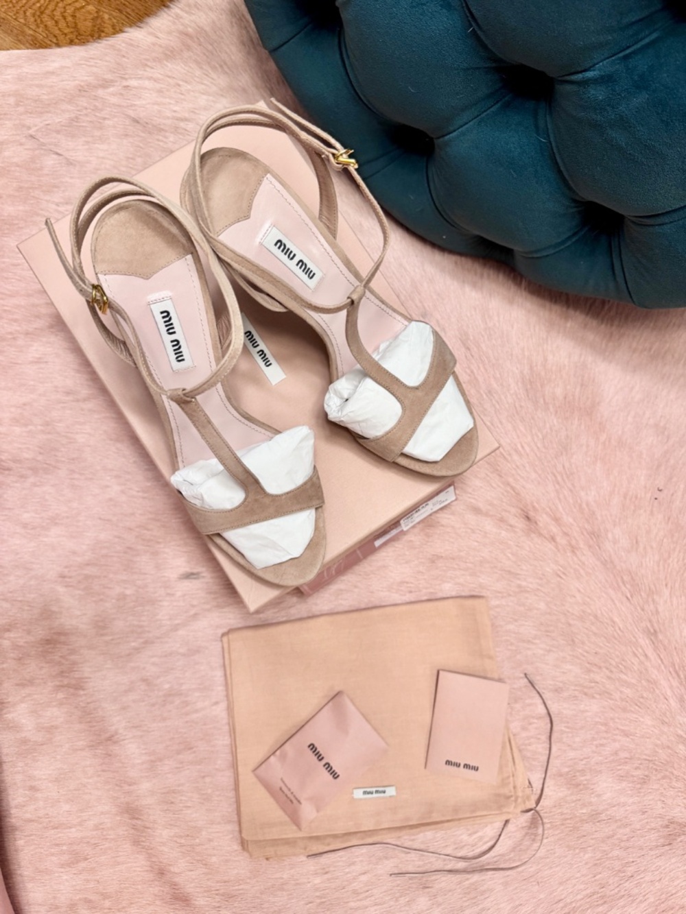 MIU MIU Sandals Pink Platform Heels T-strap Shoes Suede Nude 5XP387F-115 NWT Box
